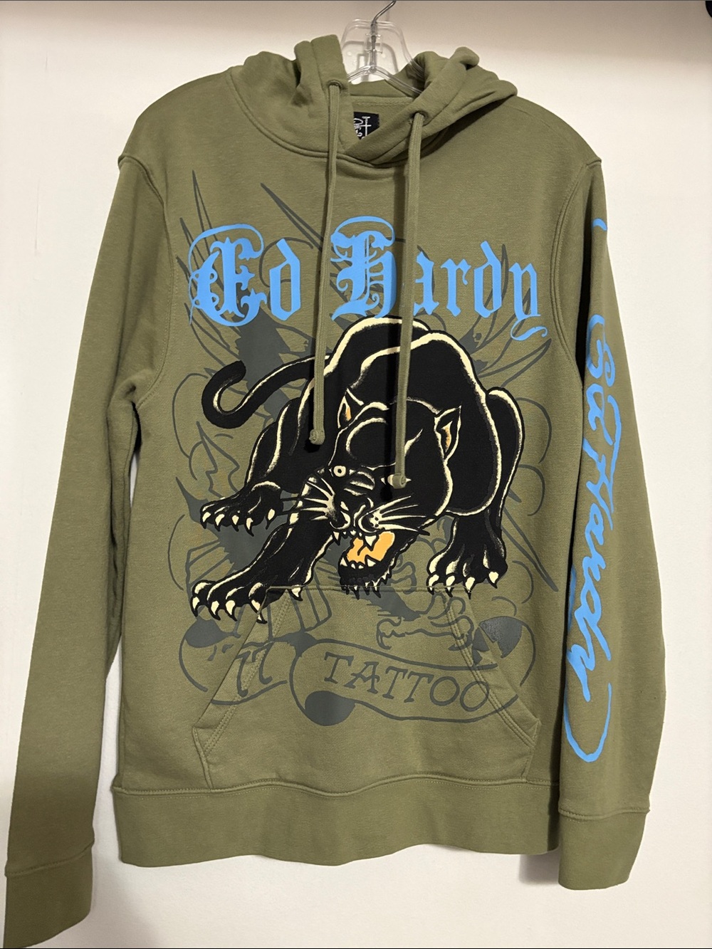 Ed Hardy Olive Green Hoodie with Black Panther and Blue Logo